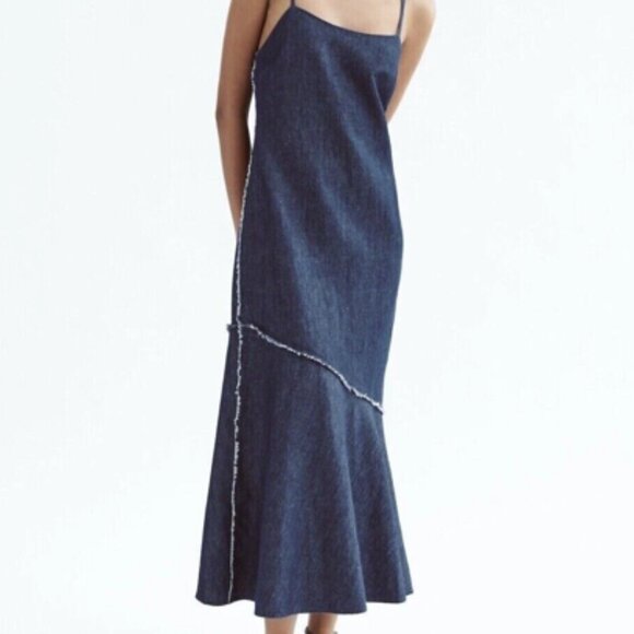 ZARA Cindy Lightweight Cotton/Linen Denim Midi Dress w Flounce Hem, Size L, NWT - Picture 1 of 7